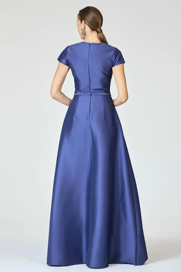 Sachin & Babi Washed Indigo Blue Blythe Box Pleat Beaded Belt Gown Size 18W $995