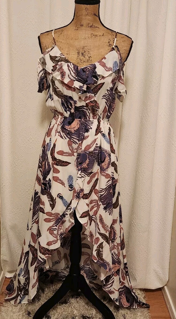 Blush BJ Women’s M Sleeveless Ruffle Tiered Maxi Feather Print Strappy Dress