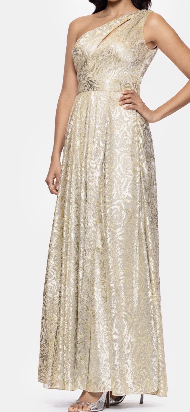 BETSY AND ADAM “MARIAH” METALLIC FOIL KNIT ONE SHOULDER DRESS A27193 Size 14