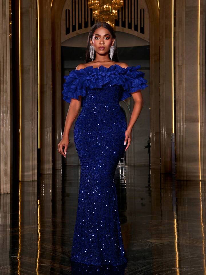 Layered Ruffle Trim Off Shoulder Sequin Mermaid Dress