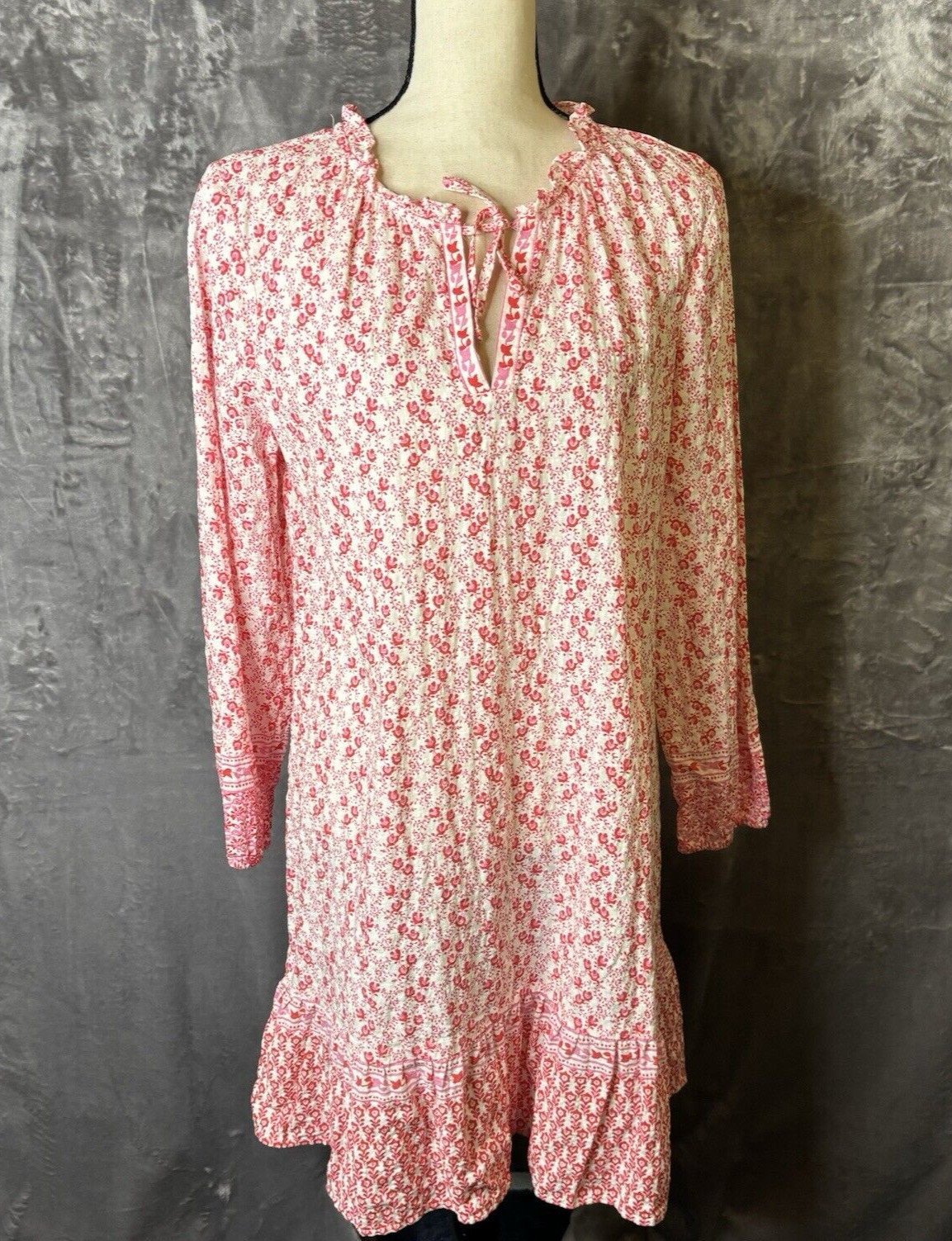 Loft Dress Large Border Tie Nek Swing Boho Beachy Casual Blouson Sleeves Frock