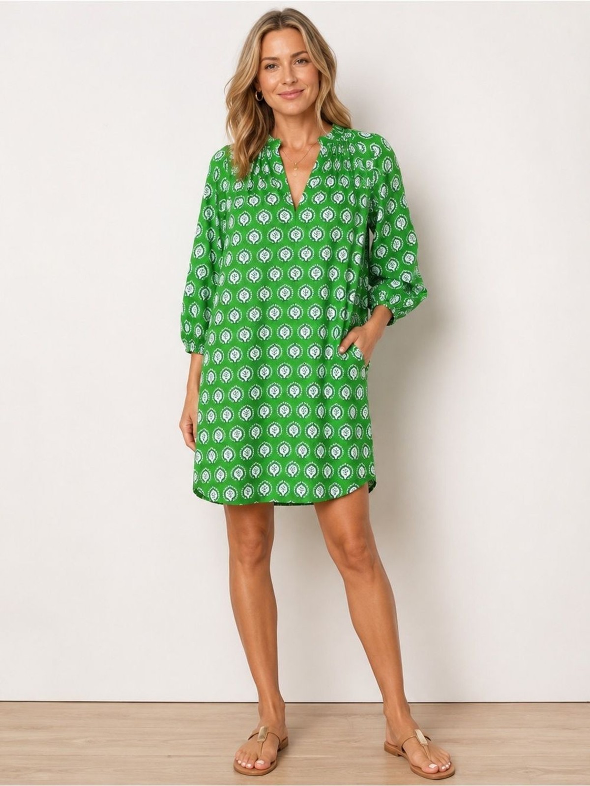 Caryn Lawn Block Print Balloon Sleeve Shift Dress Pockets Green size large