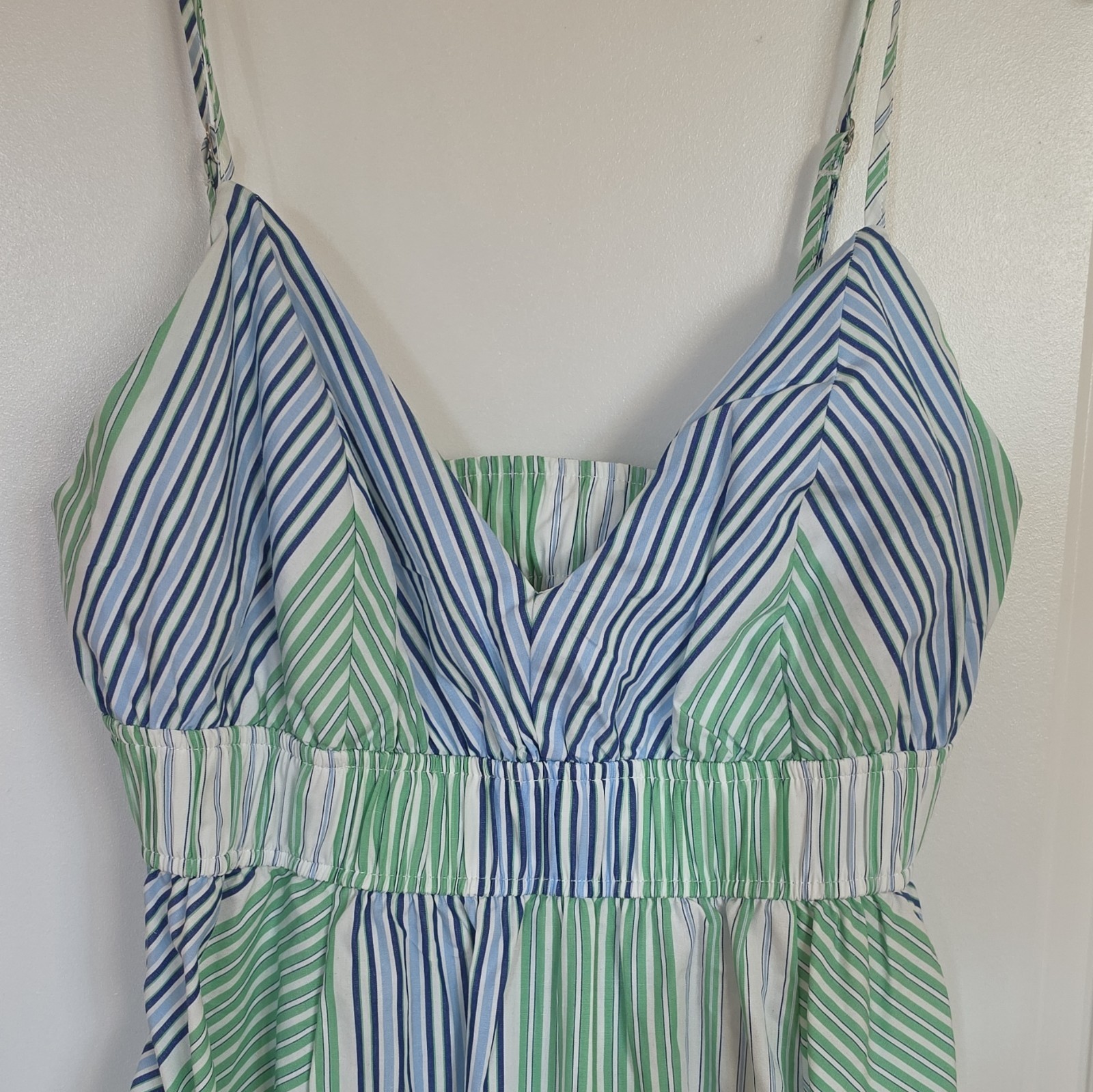 Free Assembly Striped V-Neck Strappy Sleeveless Maxi Dress M Green Blue White