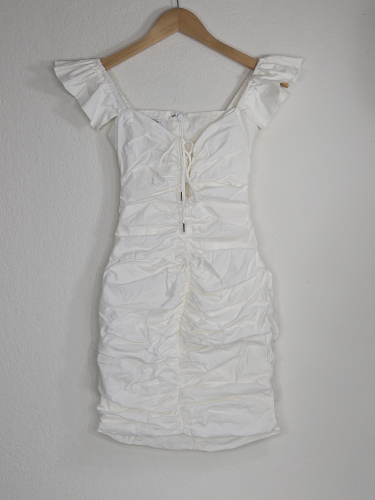 House Of CB Kara Ruched Cotton Blend Ruffle Mini Dress White Lace-Up Bodycon XS