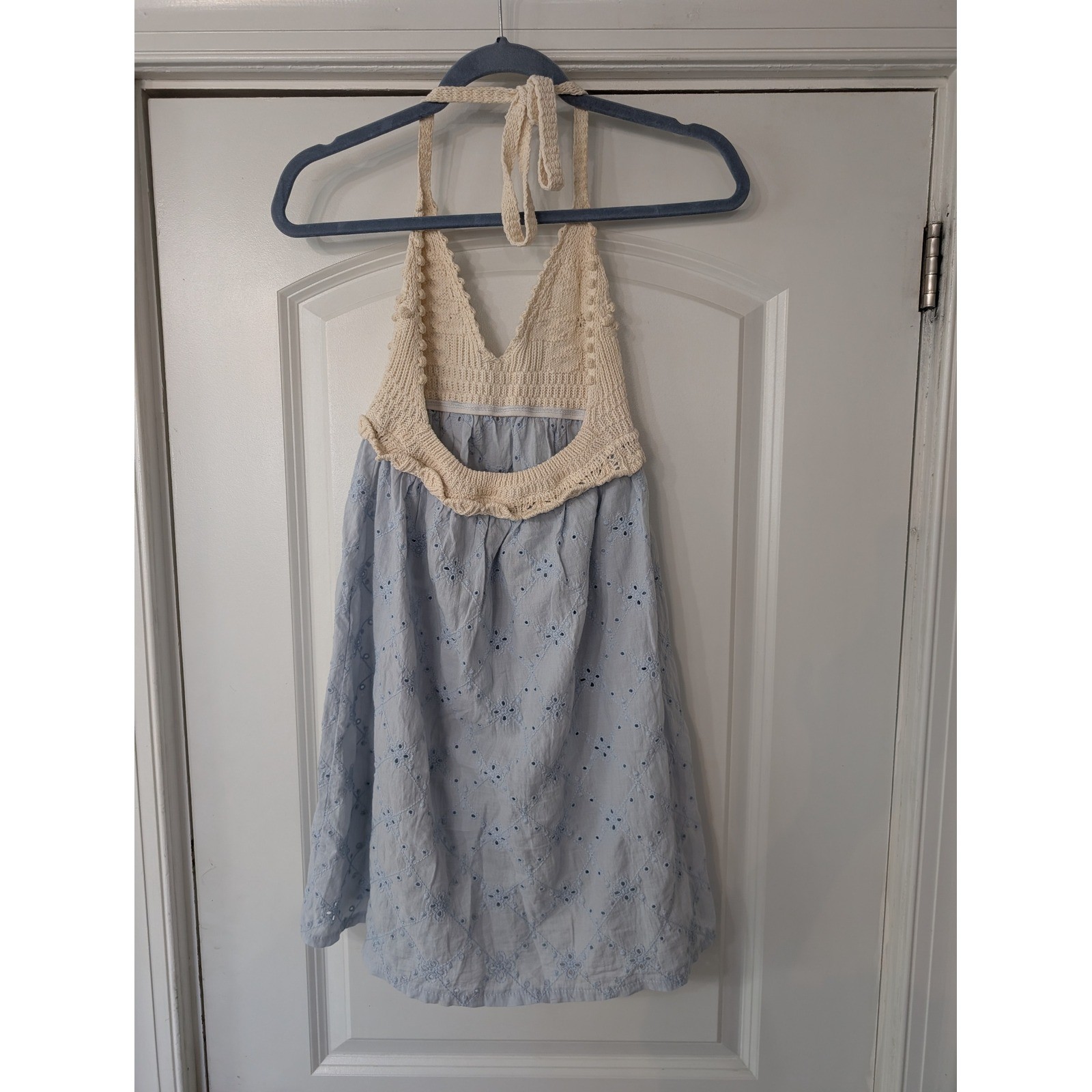Zara Womens XS Light Blue Eyelet Crochet Halter Dress Knit cottagecore boho