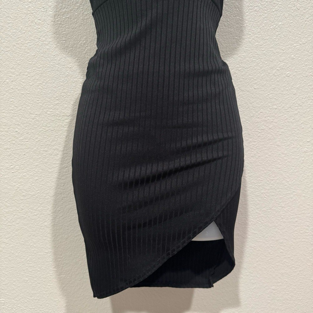 pretty little thing black ribbed wrapped sleeveless bodycon mini dress