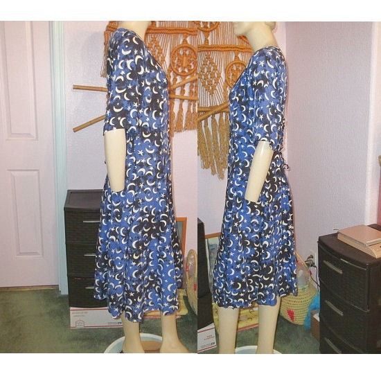 Celestial Midi Dress Size M Pockets Corset Back Moon & Stars Cosmic Astral Lunar
