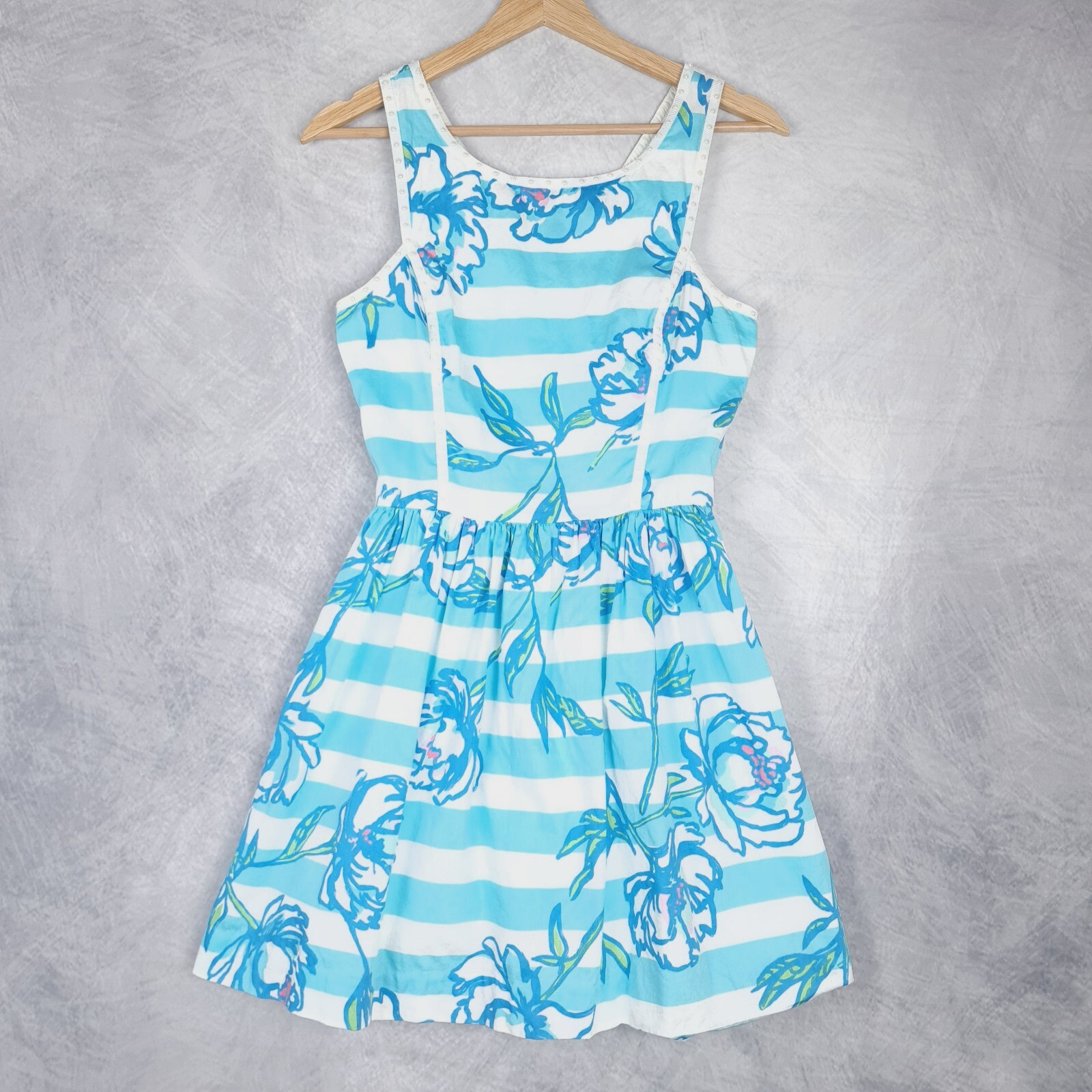 Lilly Pulitzer Dress Womens 0 Blue Floral Pearl Trim Sleeveless Mini Pockets