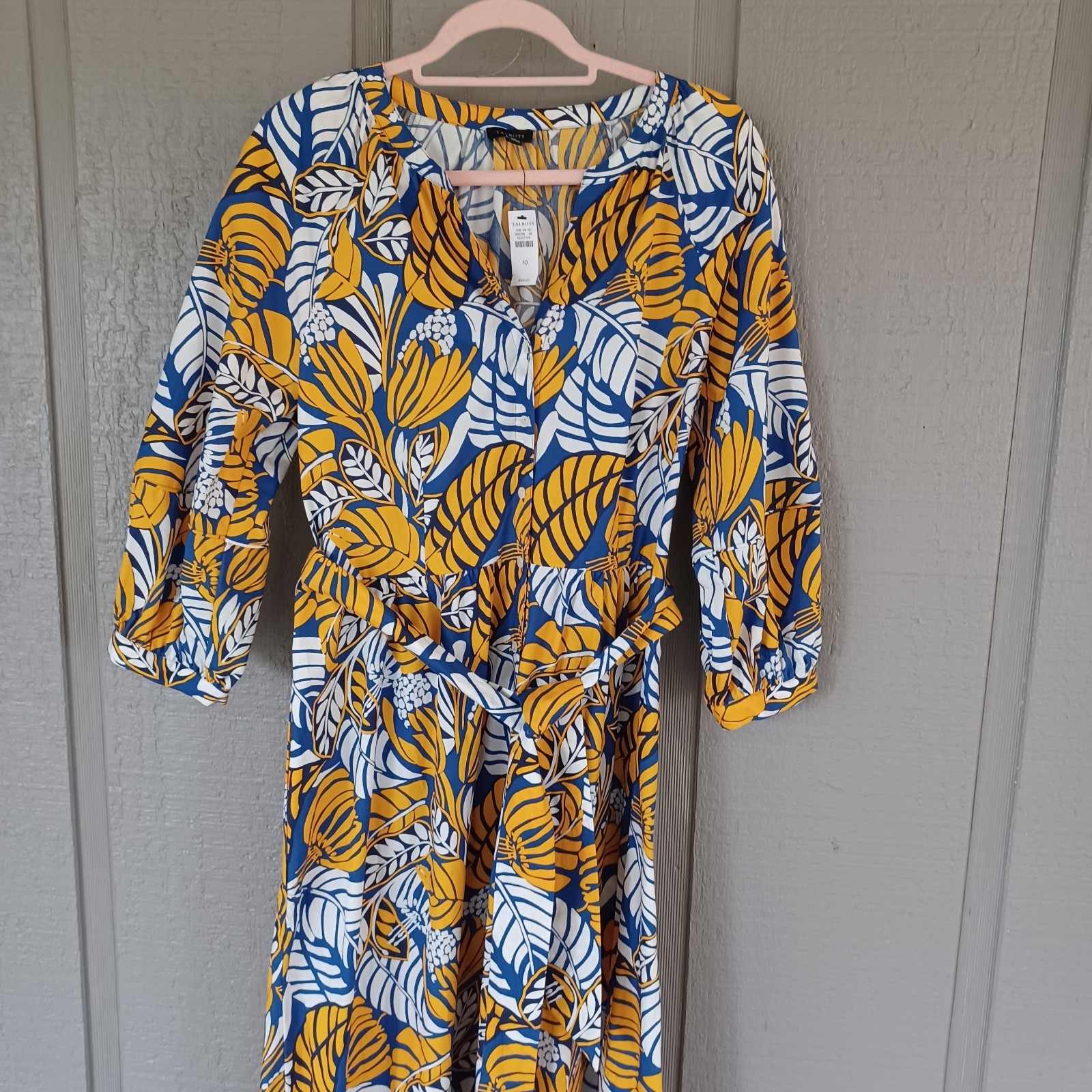 Talbots Poplin Midi Shirtdress Size 10 Preppy Pockets Tie Wasit Colorblock Leave