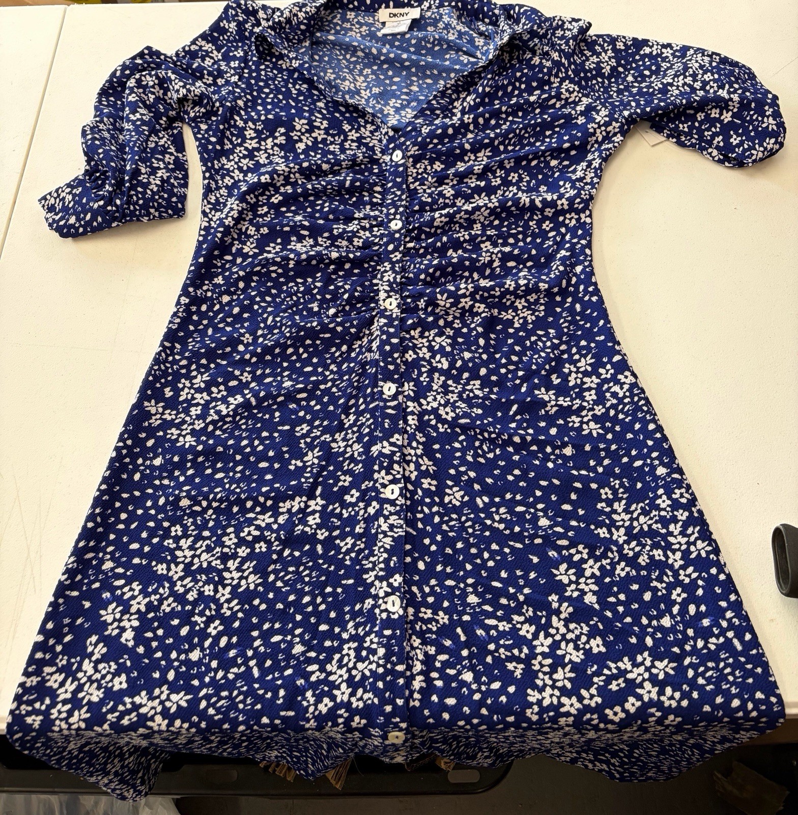 NWT DKNY Dress 3/4 Sleeve Button Down Blue White Rouched Waist Size 6