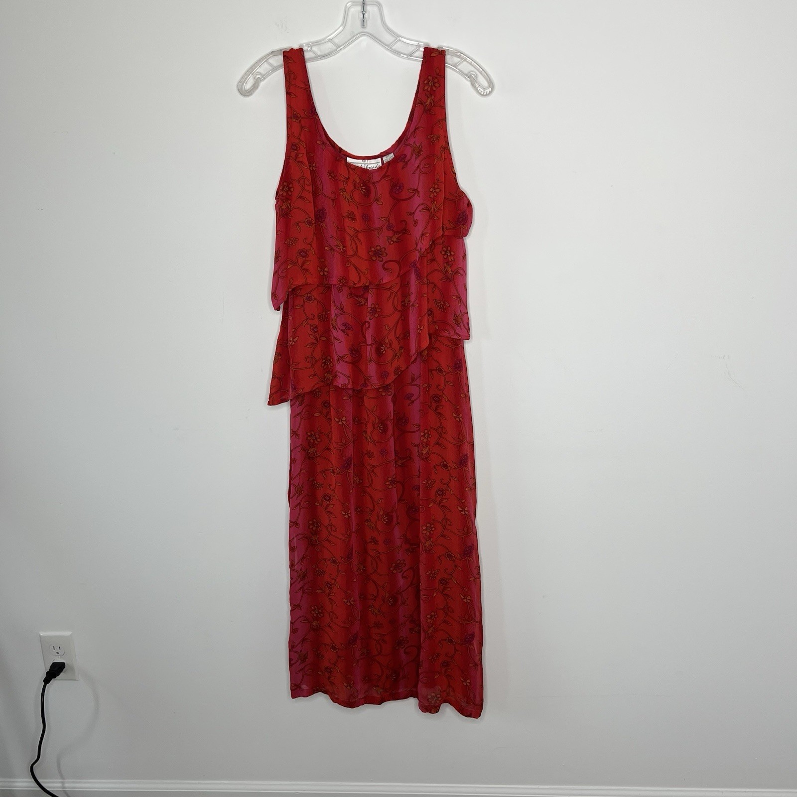 Sacred Threads Dress Womens M/L Red Chiffon Floral Boho Layered Festival India