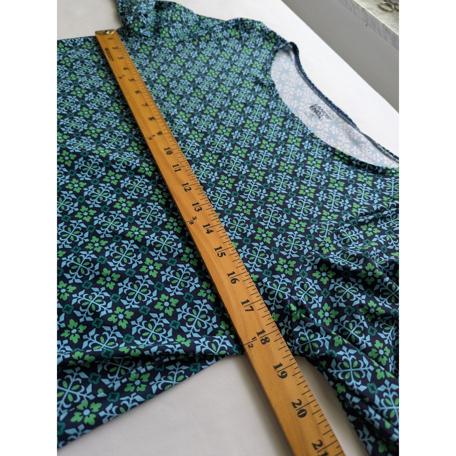 Lands’ End Blue Green Geometric Floral 3/4 Sleeve Boatneck Cover Up Dress Size M