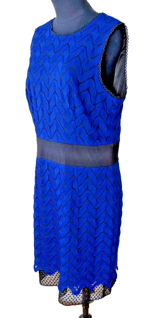 Antonio Melani Blue Lace Sheath Dress Size 14 Women’s Cobalt Black Trim Formal
