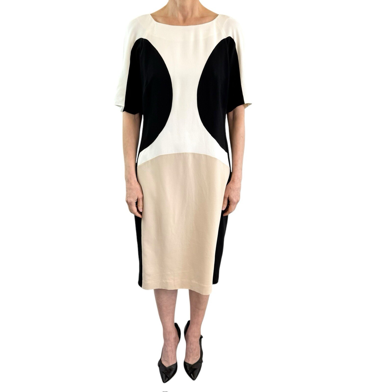 Pianura Studio Size 48 Italy (16 Aus/UK 12 US Black Sand White Crepe Shift Dress