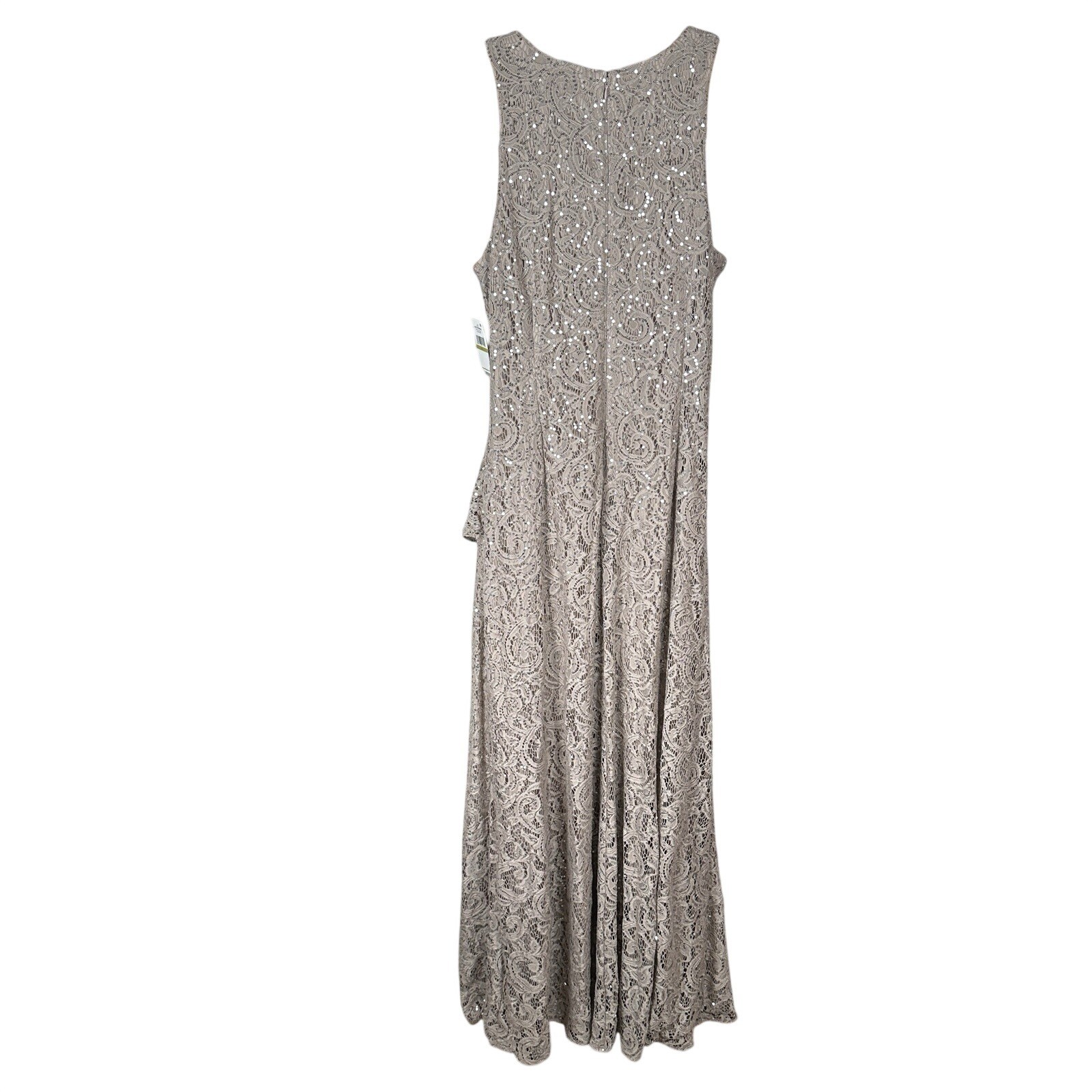 NEW ALEX EVENINGS SEQUIN LACE Cascading Ruffle RUCHED EVENING GOWN 14 Buff Taupe