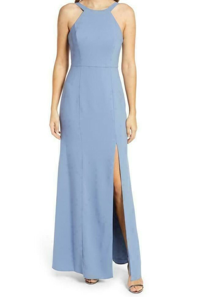 3039 Dessy Collection Cutaway Shoulder Crepe Bridesmaid Gown Larkspur, Size 16