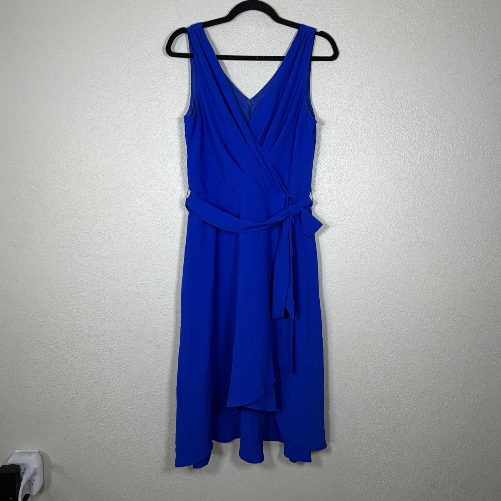 DKNY 6 Royal Blue Faux Wrap Belted Hi Low Midi Dress Minimalist Chic Elegant