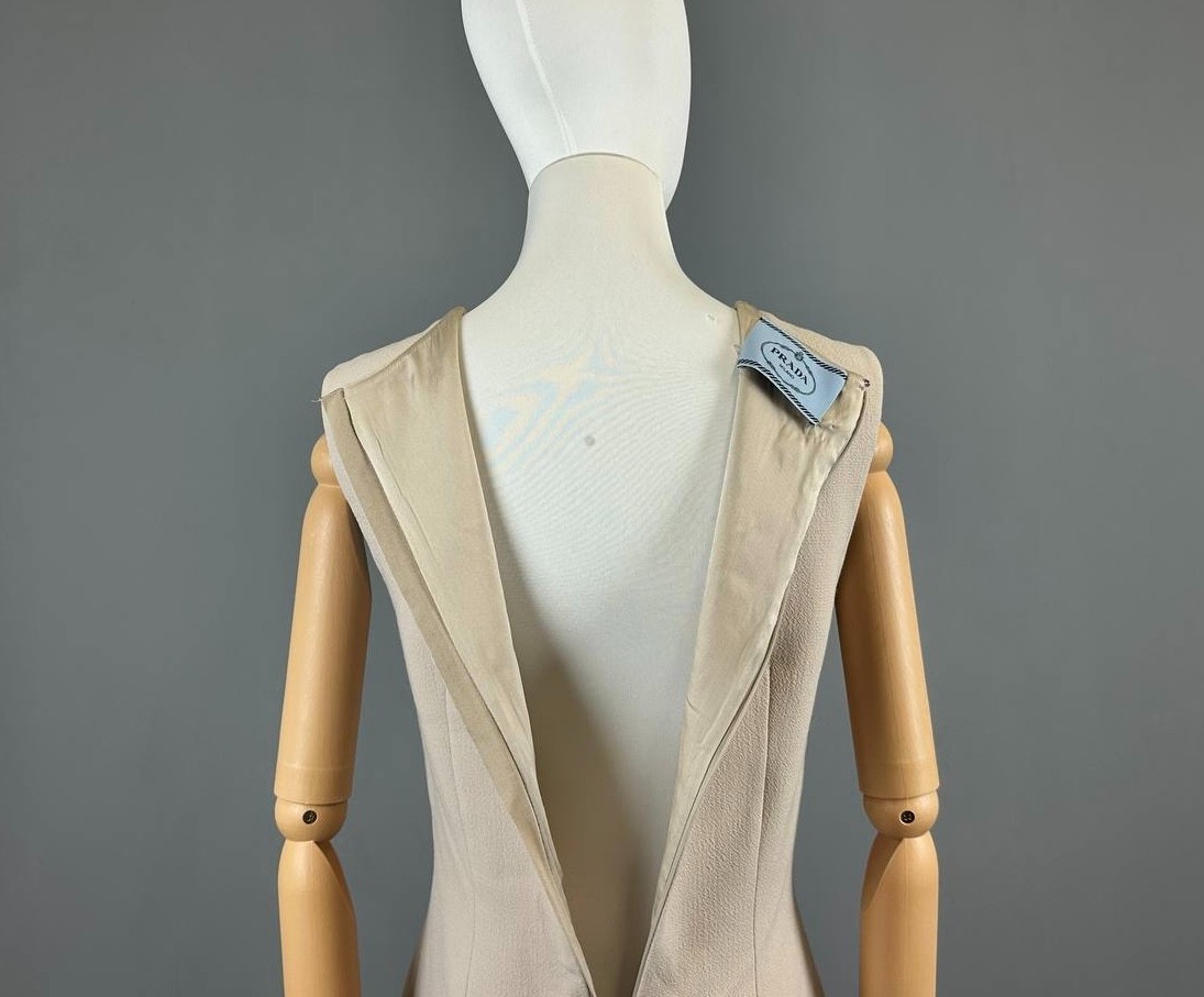 Prada Milano Beige Wool Silk Sleeveless A-Line Pencil Midi Dress Size IT 44