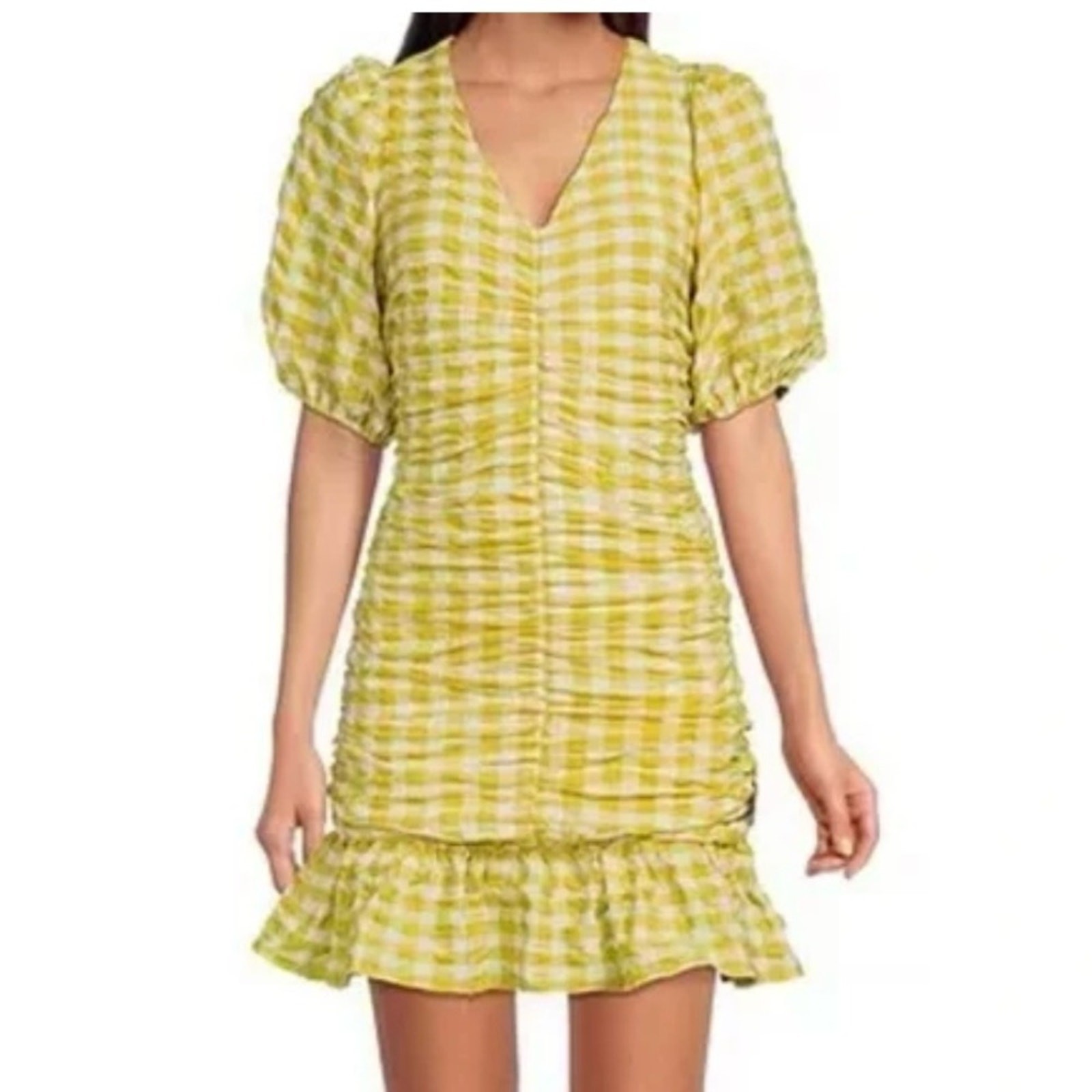 Skies are blue dress v-neck gingham print size small puff sleeve midi Dress