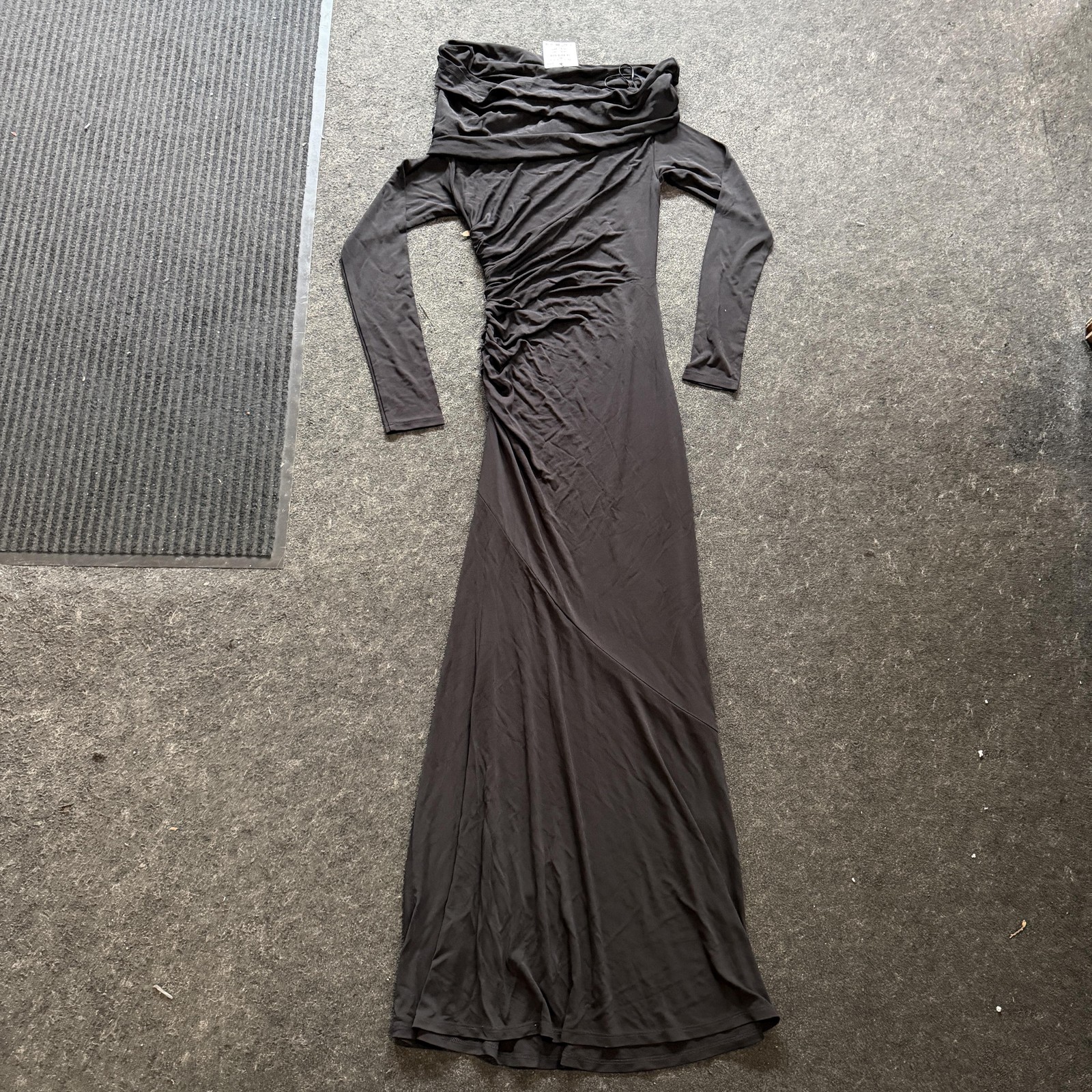 Zara Dress Womens Small Black Long Sleeve Cowl Neck Ruched Bodycon Maxi Gown