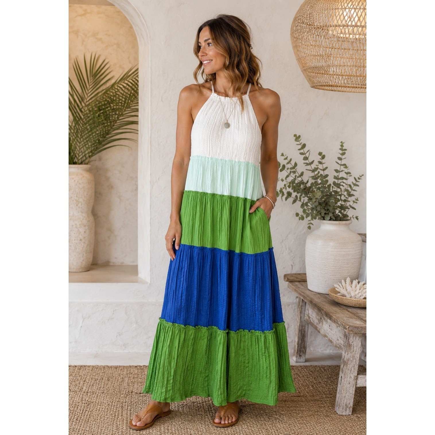 Cato Tiered High Neck Color Block Maxi Dress Sz S Green/Blue Crinkle NWT
