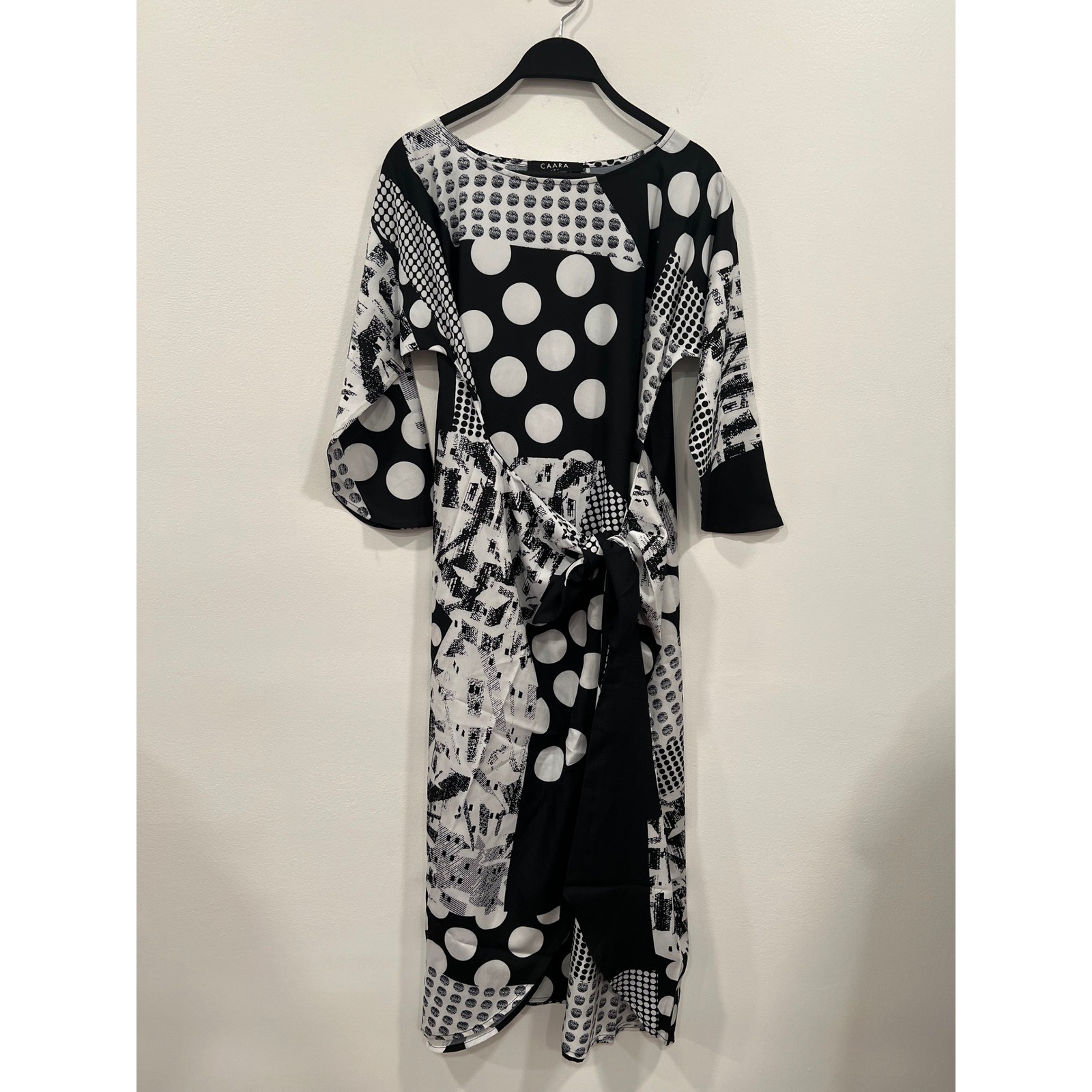 CAARA Midi Dress Womens Medium Black White Polka Dot Tie Waist ModiChic Office