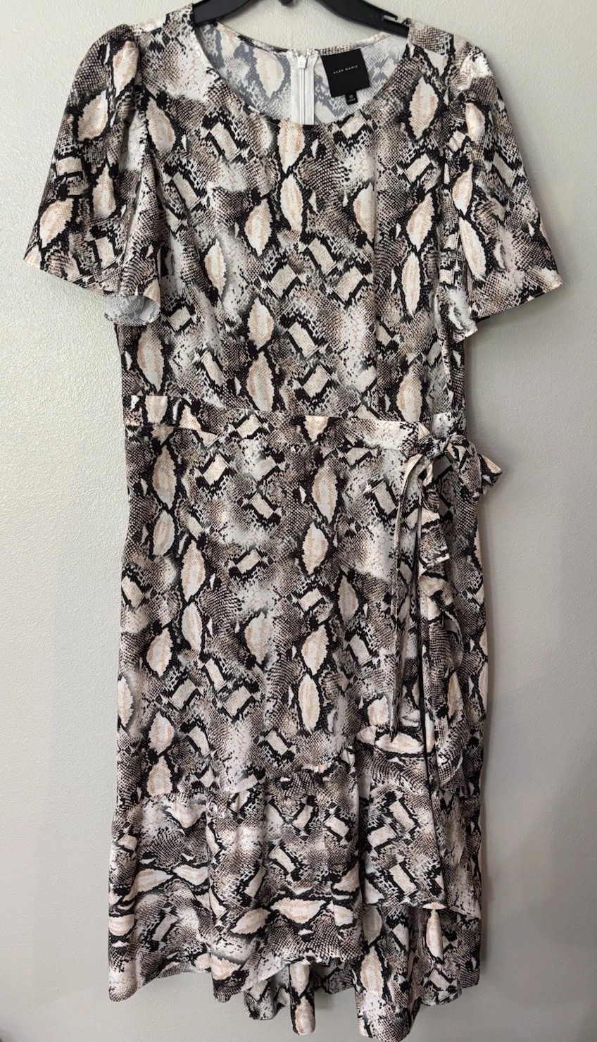 Alex Marie Snake Print Tie Waist Faux Wrap Dress Midi Length Short Sleeve 10