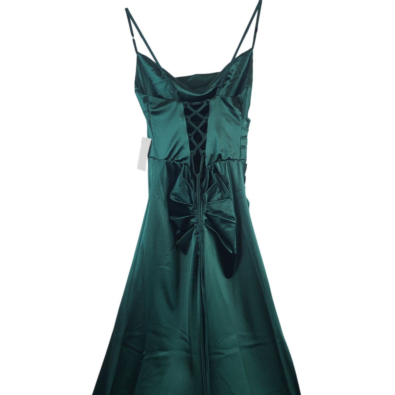 NEW B Darlin Green Satin Ruched Maxi Dress Spaghetti Straps Lace-Up Back Sz 5/6