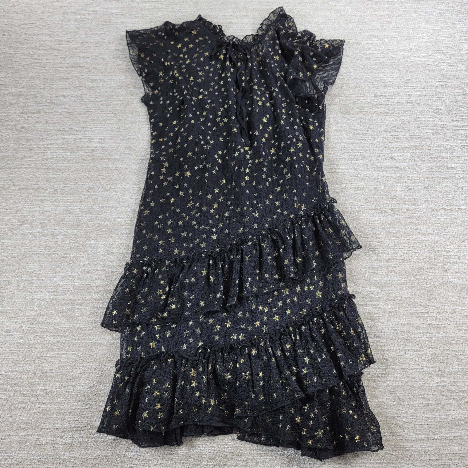 Lost + Wander Estella Metallic Ruffle Mini Dress S Black Sheer Celestial Stars