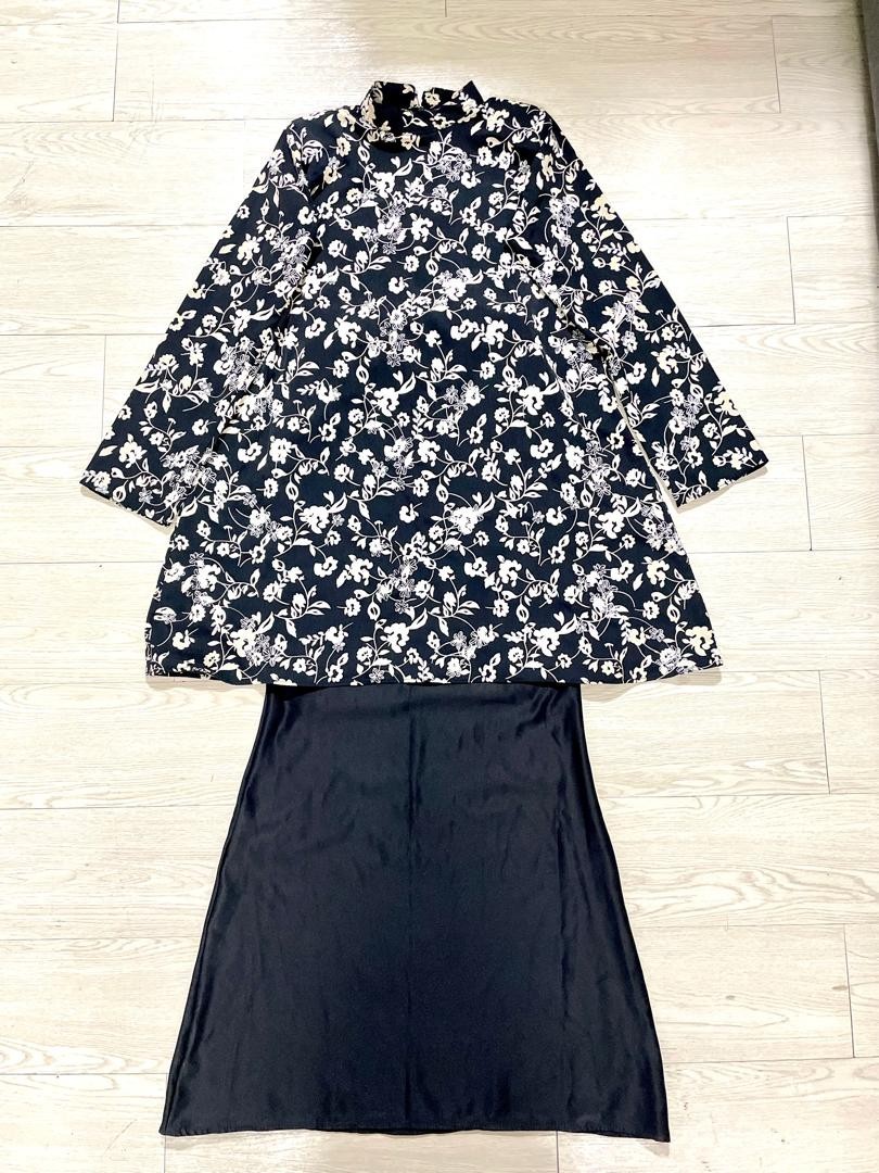 Elegant Women Baju Kurung Set Black White Floral Modest Outfit
