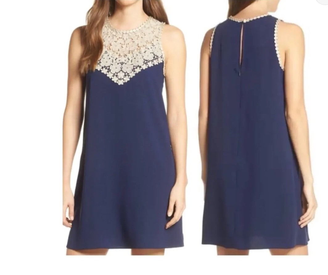 Lilly Pulitzer Nala Soft Shift Dress Size 16 True Navy w/ Gold Foil Lace