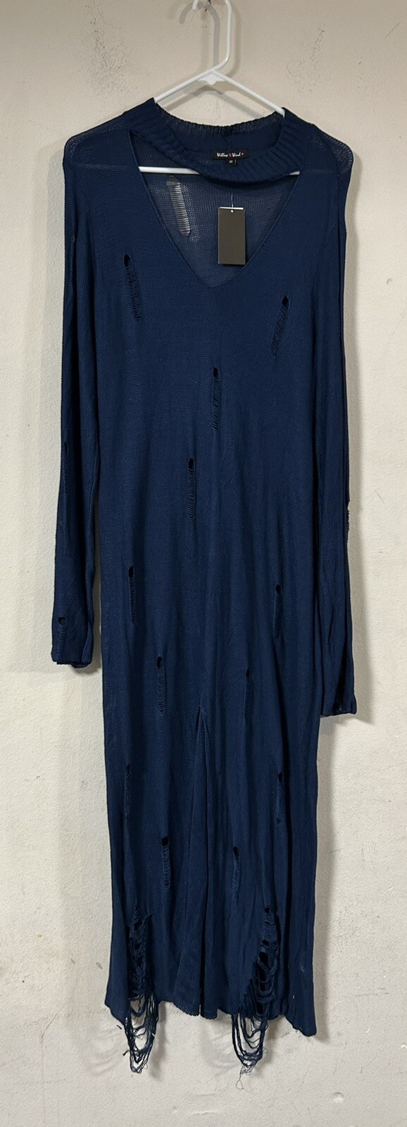 Wind And Willow Distress Mock Neck Maxi Dress, 2X, Long Sleeve V-Neck, NWT, Goth