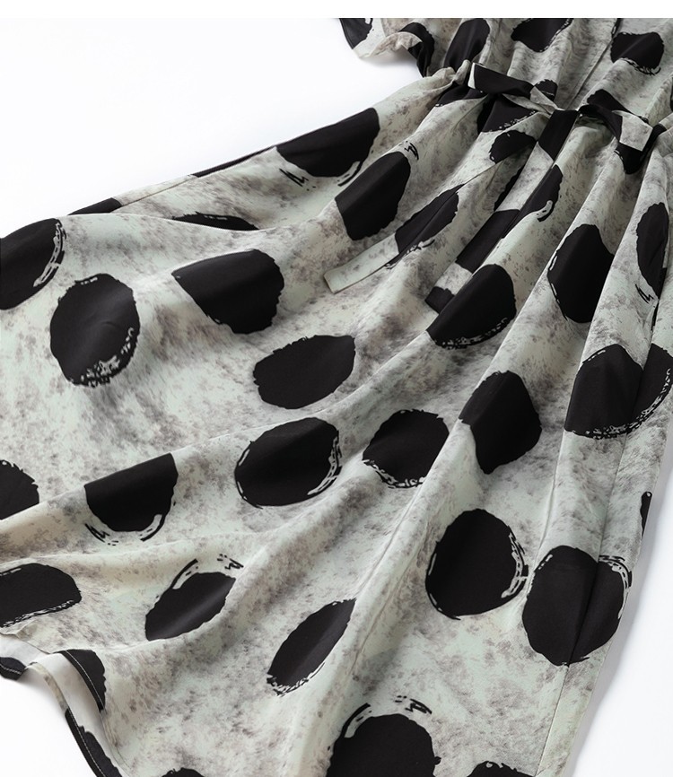 100% Mulbery Silk Gray Polka Dots Short Sleeve Women A-Line Midi Dress M1345