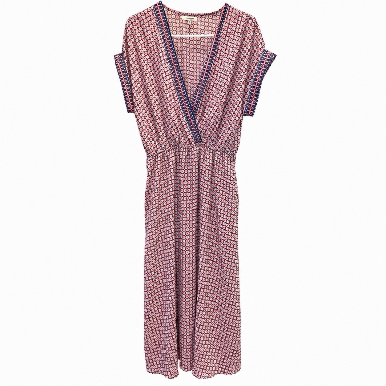 Max Studio L Blue Orange White Geometric V-Neck Short Sleeve Maxi Dress