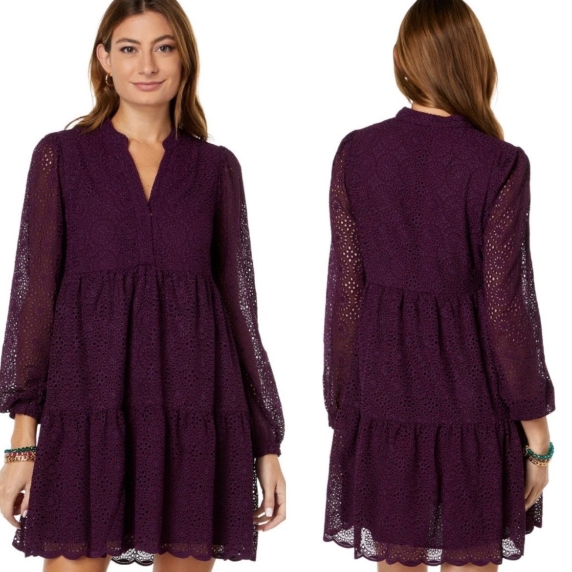 Lilly Pulitzer Winona Purple Eyelet Babydoll Mini Dress Small Tiered Plum Lace