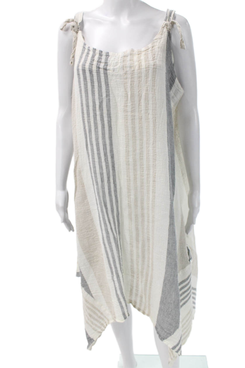 Luukaa Women Kaftan Tank Dress Beige Linen Striped Sleeveless Long Plus Size 20