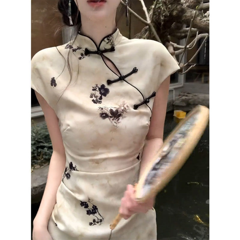 Women’s Big Size Chinese Style Floral Printed Collared Qipao Dress Cheongsam