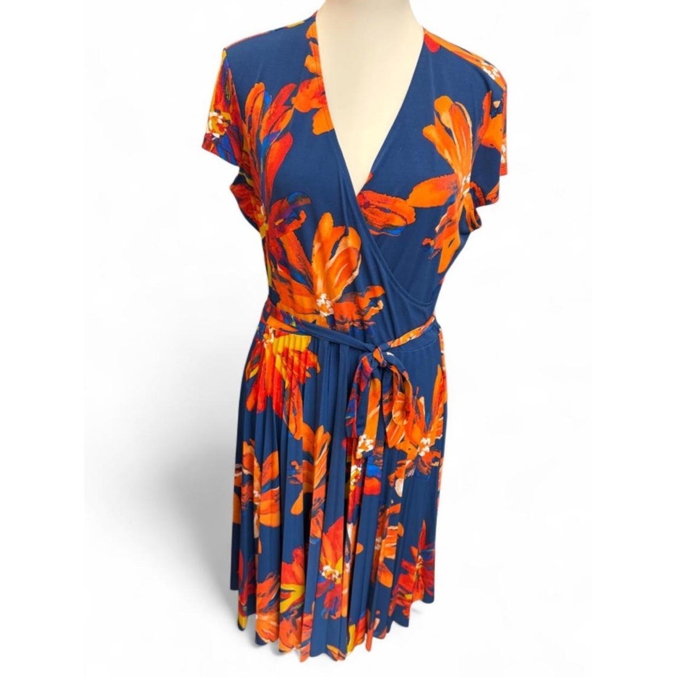 Maggy London Faux Wrap Pleated Midi Dress Floral Blue Orange Size 14