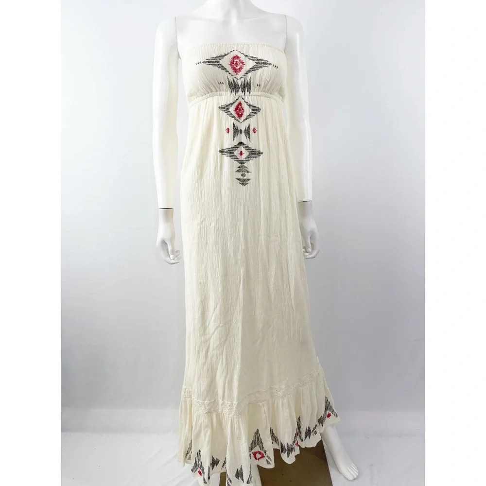 Rip Curl Ivory Strapless Aztec Maxi Dress Size XS Casual Boho Festival Summer