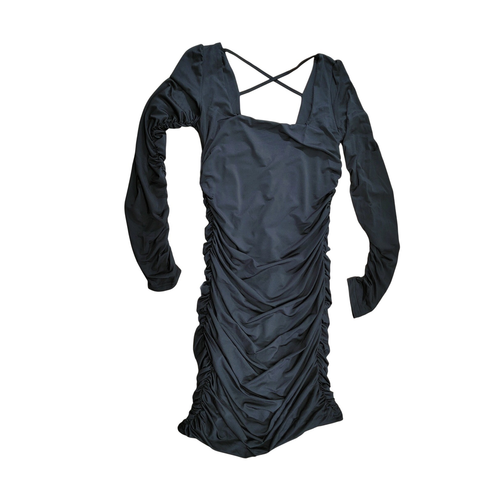 Black Ruched Bodycon Mini Dress Long Sleeve Square Neck Criss Cross Back NWOT