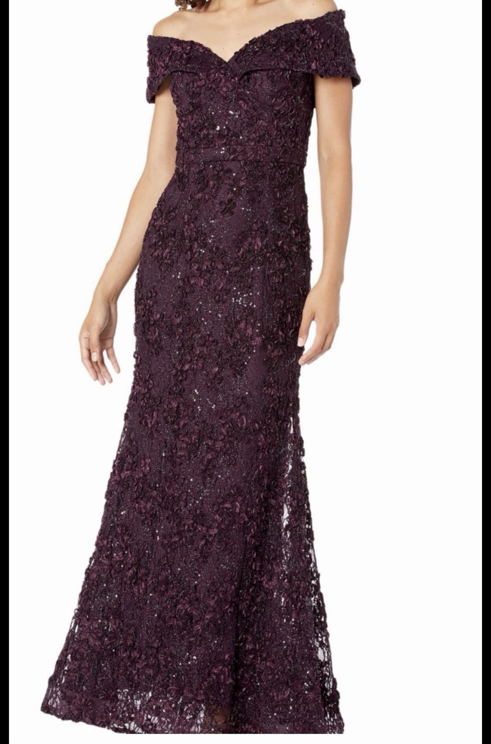 Xscape Plus 22W Purple Off Shoulder Sequin Lace Long Formal Gown Dress