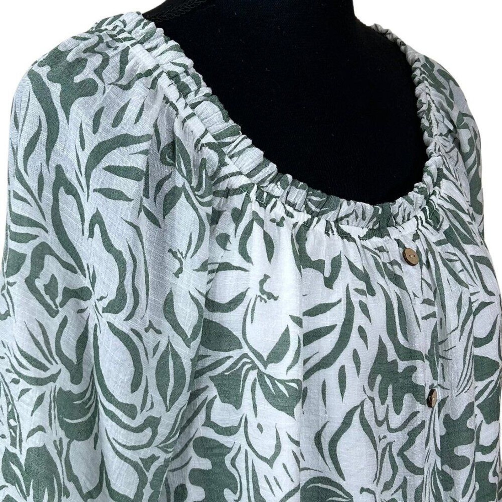 Naif Green White Rayon Gathered Neckline Bell Sleeve Sheath Dress Size L