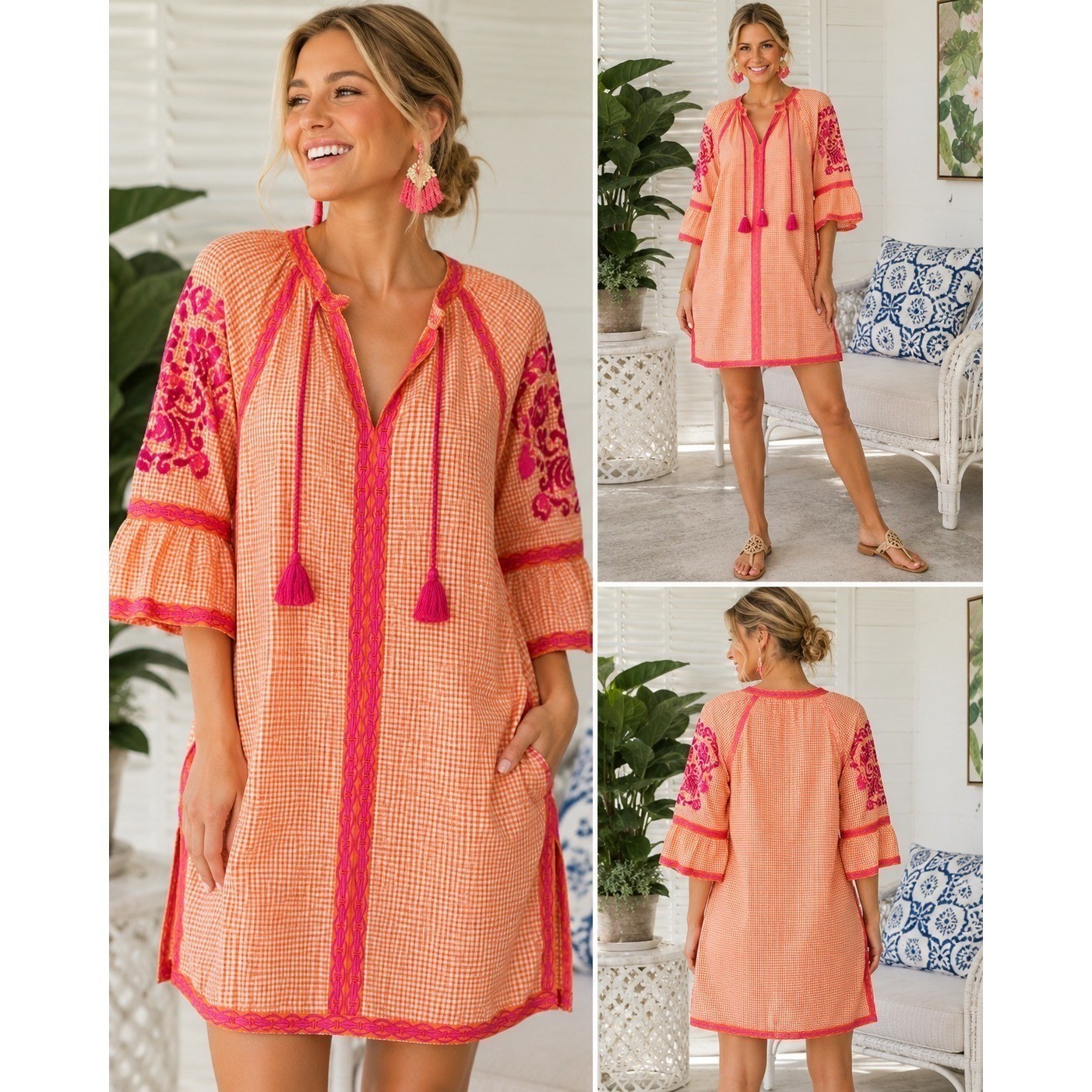 Gretchen Scott Tunic Dress Orange Gingham Pink Floral Embroidery Boho M