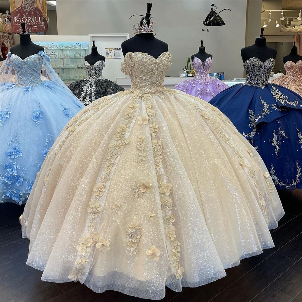 Champagne Beaded Puffy Ball Gown Quinceanera Dresses Off The Shoulder Pageant