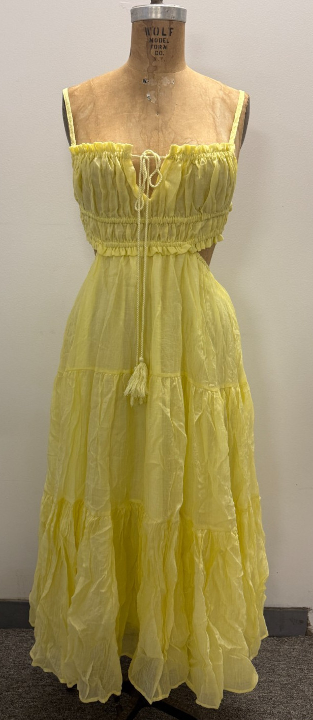 Women Boho Sundress A Line Maxi Dress Spaghetti Strap Backless Ruffle Yellow S