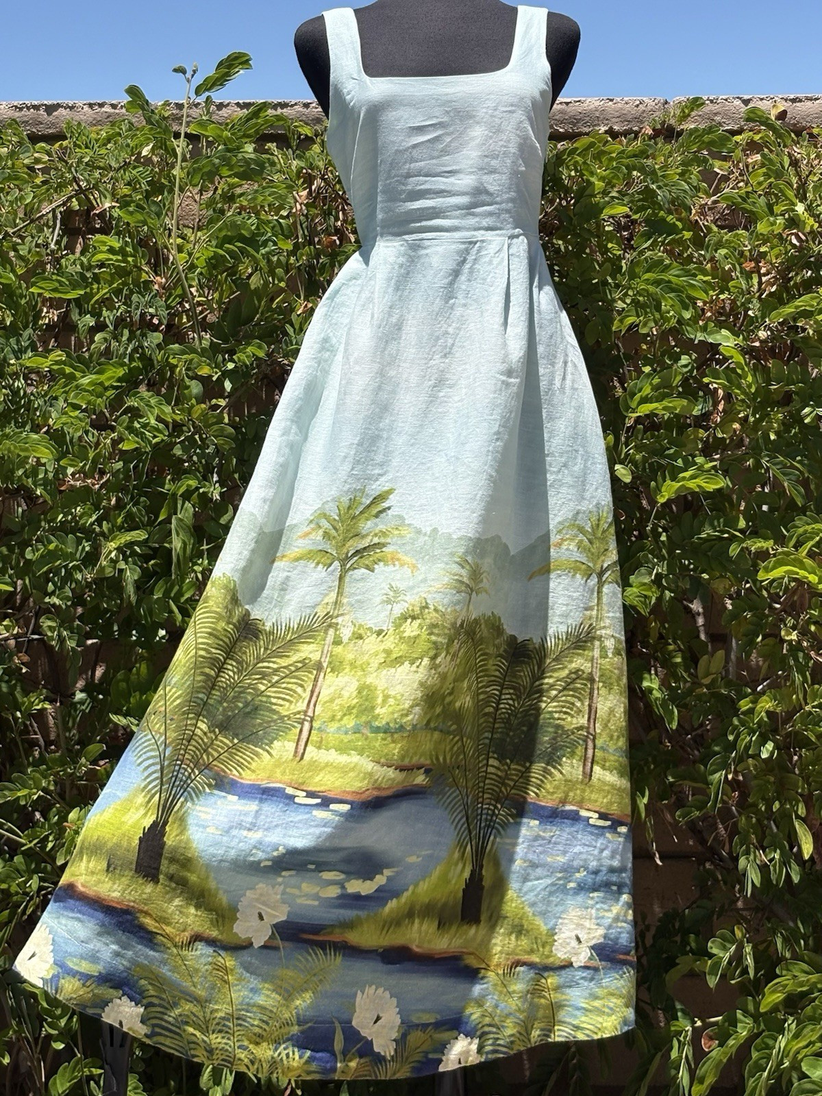 Calypso St Barth 10 mint green/tropical print Linen Sleeveless squared neck Midi