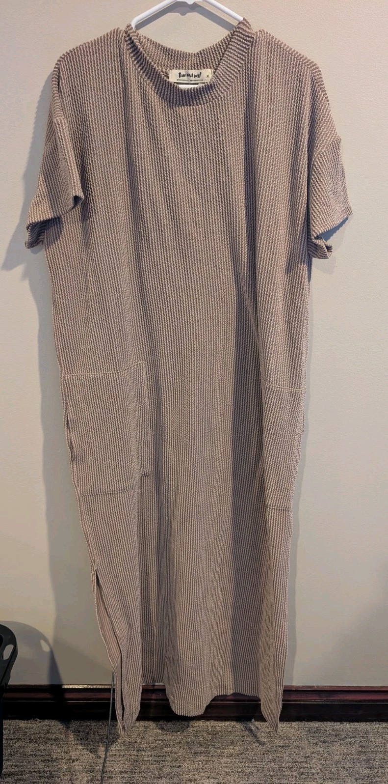 EUC Three Bird Nest XL Taupe Knit Maxi Tee Dress Easy Days Pockets Side Slit