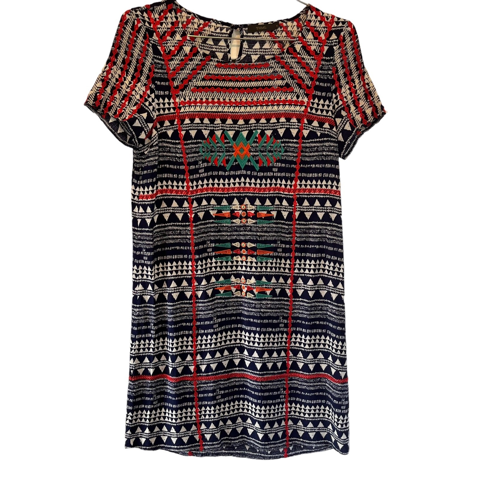 THML Navy, White, Red, Green Mixed Print & Embroidered Knee Length Dress S