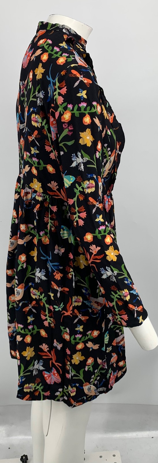 Cacharel Black Multi-Color Floral Print Silk Ruffle Front A-line Dress sz 38