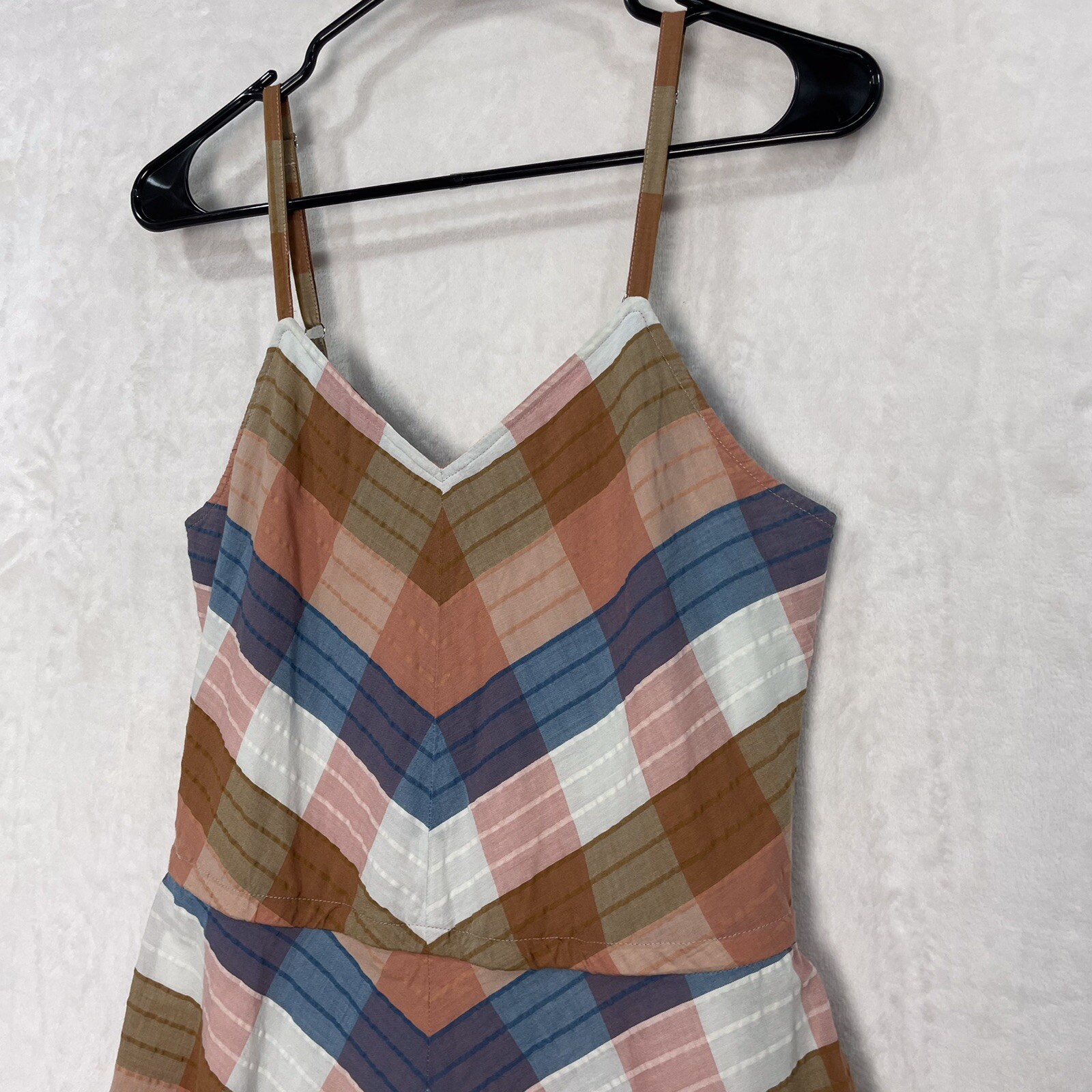 LL Bean Plaid Pleated Strap Dress 4 Small A Line Fit Flare Midi Blue Peach NEW